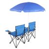 Double Folding Picnic Chairs w/Umbrella Mini Table Beverage Holder Carrying Bag for Beach Patio Pool Park Outdoor Portable Camping Chair (Blue)