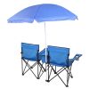 Double Folding Picnic Chairs w/Umbrella Mini Table Beverage Holder Carrying Bag for Beach Patio Pool Park Outdoor Portable Camping Chair (Blue)