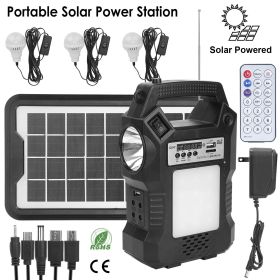 Portable Solar Power Station Rechargeable Backup Power Bank w/Flashlight 3 Lighting Bulbs For Camping Outage Garden Lamp (Color: Black)