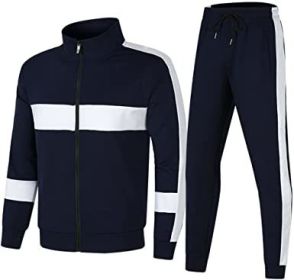 Men's Athletic Casual Tracksuit Long-sleeved Stand Collar Jacket Jogging Pants Set (Color: NAVY-M)