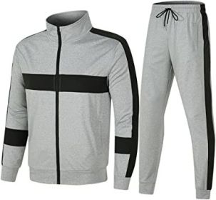 Men's Athletic Casual Tracksuit Long-sleeved Stand Collar Jacket Jogging Pants Set (Color: GRAY-L)
