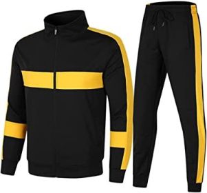 Men's Athletic Casual Tracksuit Long-sleeved Stand Collar Jacket Jogging Pants Set (Color: YELLOWBLACK-S)