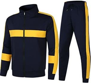Men's Athletic Casual Tracksuit Long-sleeved Stand Collar Jacket Jogging Pants Set (Color: YELLOWNAVY-L)