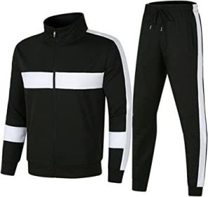 Men's Athletic Casual Tracksuit Long-sleeved Stand Collar Jacket Jogging Pants Set (Color: BLACK-S)