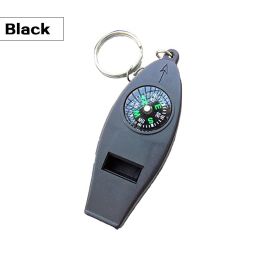 4 In 1 Emergency Survival Whistle With Compass Thermometer Magnifier For Hiking Camping Hunting Fishing (Color: Black)