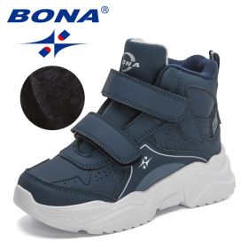 BONA 2022 New Designers Hiking Boots Kids Outdoor Sneakers Boys Girls Ankle Trekking Shoes Children Winter Plush High Top Shoes (Color: Deep blue S gray)