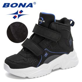 BONA 2022 New Designers Hiking Boots Kids Outdoor Sneakers Boys Girls Ankle Trekking Shoes Children Winter Plush High Top Shoes (Color: Charcoal grey R blue)