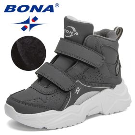 BONA 2022 New Designers Hiking Boots Kids Outdoor Sneakers Boys Girls Ankle Trekking Shoes Children Winter Plush High Top Shoes (Color: Dark grey S gray)