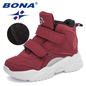 BONA 2022 New Designers Hiking Boots Kids Outdoor Sneakers Boys Girls Ankle Trekking Shoes Children Winter Plush High Top Shoes (Color: Dark red S gray)