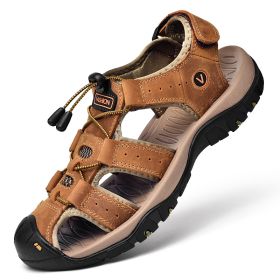 Men Summer Leather Sandal Outdoor Casual Shoe Man Mountain Hiking Sandals Non-slip High Quality Trekking Sandal Plus Size 46 (Color: Light brown)