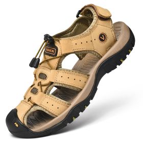 Men Summer Leather Sandal Outdoor Casual Shoe Man Mountain Hiking Sandals Non-slip High Quality Trekking Sandal Plus Size 46 (Color: khaki)