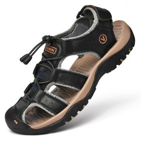 Men Summer Leather Sandal Outdoor Casual Shoe Man Mountain Hiking Sandals Non-slip High Quality Trekking Sandal Plus Size 46 (Color: Black)