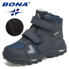 BONA 2021 New Designers Plush Hiking Shoes Children Non-slip Boots Teenagers Trekking Shoes Kids High Top Sneakers Boys Girls (Color: Deep blue S gray)