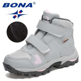 BONA 2021 New Designers Plush Hiking Shoes Children Non-slip Boots Teenagers Trekking Shoes Kids High Top Sneakers Boys Girls (Color: L gray D grey pink)
