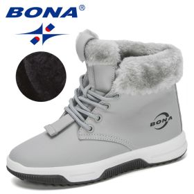 BONA 2020 New Designers High Top Snow Boots Children Winter Thick Plush Warm Non-Slip Boots Big Girls Boys Hiking Footwear Kids (Color: Light gray dark grey)
