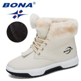 BONA 2020 New Designers High Top Snow Boots Children Winter Thick Plush Warm Non-Slip Boots Big Girls Boys Hiking Footwear Kids (Color: Light beige black)
