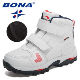 BONA 2021 New Designers Plush Hiking Shoes Children Non-slip Boots Teenagers Trekking Shoes Kids High Top Sneakers Boys Girls (Color: White deep blue red)