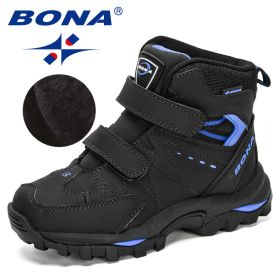 BONA 2020 New Designers Hiking Shoes Non-Slip Sneakers Boys Outdoor Sport Walking Climbing Shoes Kids Ankle Boots Plush Footwear (Color: Charcoal grey R blue)