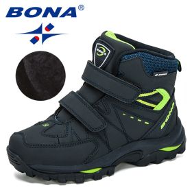 BONA 2020 New Designers Hiking Shoes Non-Slip Sneakers Boys Outdoor Sport Walking Climbing Shoes Kids Ankle Boots Plush Footwear (Color: Deep blue F green)