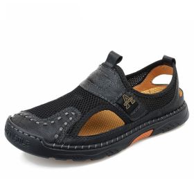Sandals Men Size 39-48 Quality Handmade Casual Mens Mesh Shoes Summer Soft Non-slip Hollow Sandals Hiking Beach Platform Sandals (Color: Black)