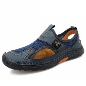 Sandals Men Size 39-48 Quality Handmade Casual Mens Mesh Shoes Summer Soft Non-slip Hollow Sandals Hiking Beach Platform Sandals (Color: Blue)