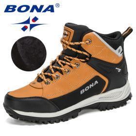 BONA 2022 New Arrival Nubuck High Top Hiking Shoes Men Durable Anti-Slip Outdoor Trekking Shoes Man Plush Warm Snow Winter Boots (Color: Earth yellow black)