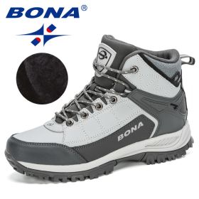 BONA 2022 New Arrival Nubuck High Top Hiking Shoes Men Durable Anti-Slip Outdoor Trekking Shoes Man Plush Warm Snow Winter Boots (Color: Light gray dark grey)