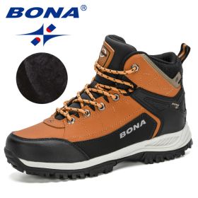 BONA 2022 New Arrival Nubuck High Top Hiking Shoes Men Durable Anti-Slip Outdoor Trekking Shoes Man Plush Warm Snow Winter Boots (Color: Light brown D brown)