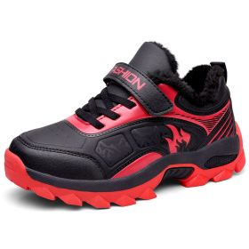 Winter Boots For Boys Anti-Skid Hiking Shoes Children Plus Fur Walking Climbing Sneakers Outdoor Sport Footwear Kids Snow Shoes (Color: Red kid shoes)