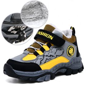 FLARUT Kids Winter Shoes Boys Hiking Shoes Plus Fur Warm Sport Running Shoes Waterproof Non-slip Outdoor Soft Climbing Sneakers (Color: yellow snow boot boy)
