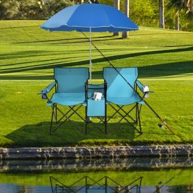 Portable Folding Picnic Double Chair With Umbrella (Color: turquoise)